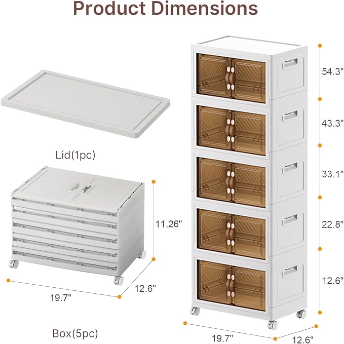 UAMFURI Stackable Storage Bins with Lids, 240QT Lockable Storage Cabinet | Closet Organizers, Foldable Storage Box with Doors and Wheels, Plastic Drawers for Home, Garage, Office (5, White, Medium)