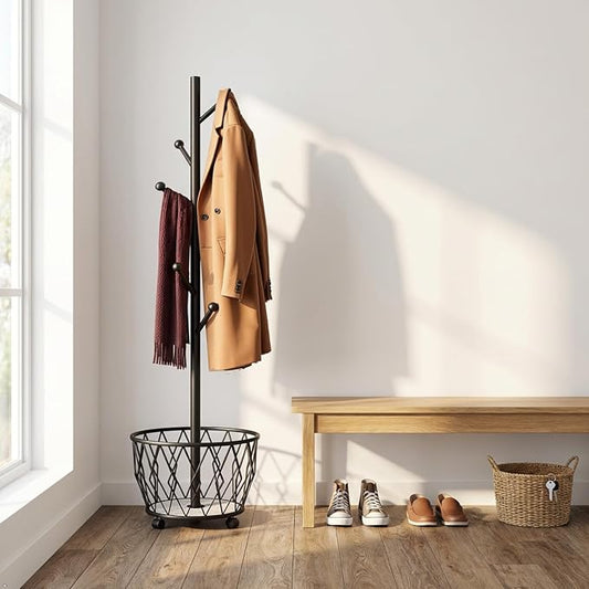 Black Moveable Tree Metal Coat Rack with Basket Freestanding 65" | Organizer for Scarf Jacket Hat Bags Ideal for Home Entryway Bedroom Corner Stable