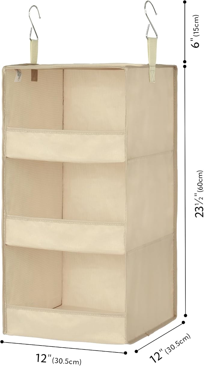GRANNY SAYS 3 Shelf Hanging Closet Organizers and Storage, Collapsible Closet Storage Organizer with 2 Metal Hooks, Leak-Proof Hanging Shelves for Wardrobe, RV Camper, Locker, 2 Pack, Khaki