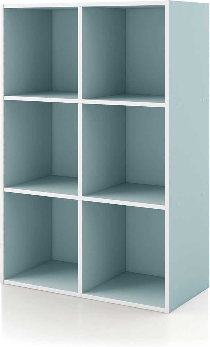 Homes: Inside + Out Apexa 6-Cube Storage Organizer Shelves, Stackable Wood Bookcase Fits Cubby Bins for Organization, Dorm Teen Room Decor & Home Office, Light Blue