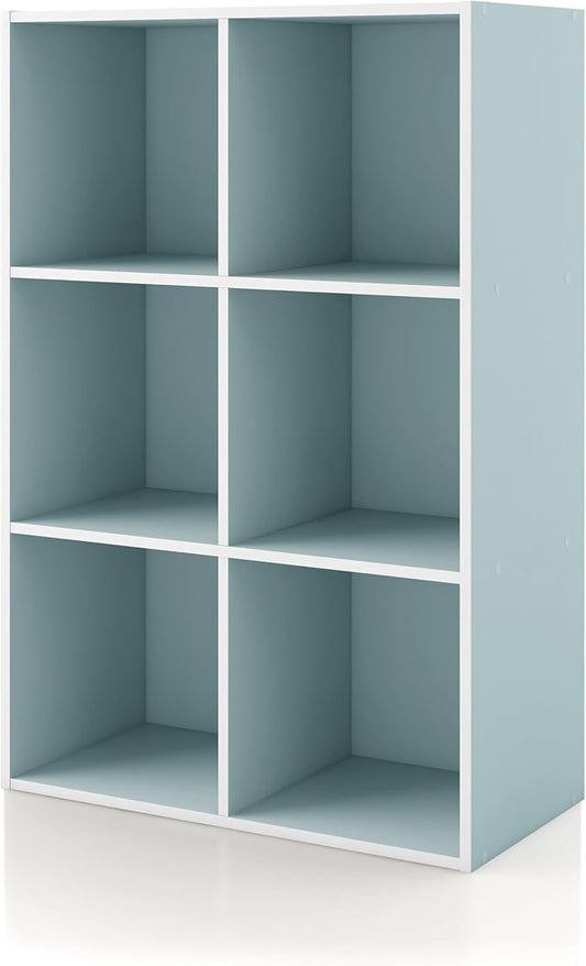 Homes: Inside + Out Apexa 6-Cube Storage Organizer Shelves, Stackable Wood Bookcase Fits Cubby Bins for Organization, Dorm Teen Room Decor & Home Office, Light Blue