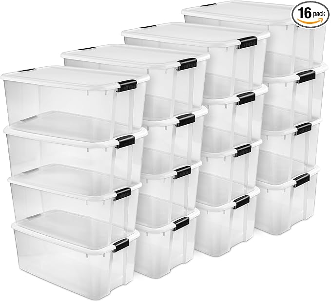 Sterilite 16-Pack Ultra Latching Box, Storage Bins with Lids, Clear Plastic, 116 Quart - Heavy-Duty Organizing Containers for Closet, Bathroom, and Office