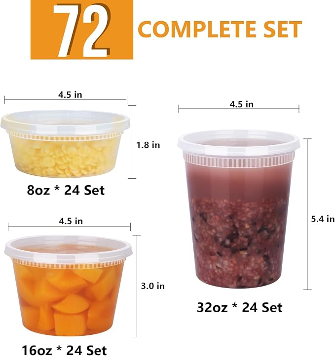 72 Sets (144-Piece) Deli Containers with Lids, 32/16/8 oz X 24 Set Each, Leak-Proof & BPA Free Airtight Takeout Plastic Food Storage Containers for Soup, Meal Prep,Microwave/Freezer Safe
