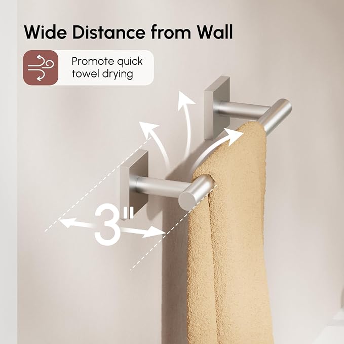Brushed Nickel Hand Towel Bar, 9 Inch Towel Racks for Bathroom | Thicken 304 Stainless Steel Towel Holder with Square Base, Towel Rod Wall Mounted, Modern Home Decor (Total Length 11 Inch)