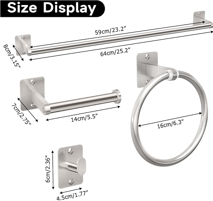 KLJKPA 10-Piece Brushed Nickel Bathroom Hardware Set, 24 inch Towel Bar | Towel Racks for Bathroom Accessories Set, Robe Towel Hooks, Toilet Paper Holder Wall Mounted