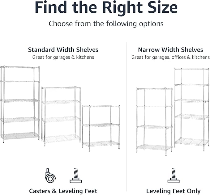 Amazon Basics 3-Shelf Adjustable Heavy Duty Steel Wire Shelving Rack with Chrome Finish, No-Tool Assembly, 250 lbs per Shelf, 23.2" L x 13.4" W x 30" H