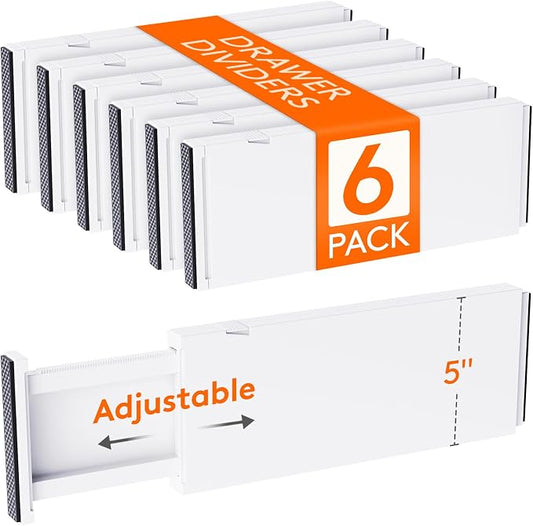 Lifewit 6 Pack 5" High Drawer Dividers 34-56cm/13.5-22" Adjustable Drawer Organizer for Clothes/Utensils, Expandable Drawer Separator in Dresser/Kitchen/Bedroom/Office Organization & Storage White