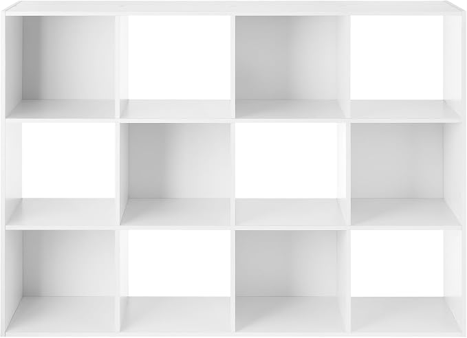 Whitmor 12 Cube Storage Organizer, 4 Tier Stackable Mdf Wood Bookcase, Open Storage Display Bookshelf, Storage Cabinet for Living Room, Bedroom, Home, Office, 35.1"L x 11.6"W x 47.5"H, White
