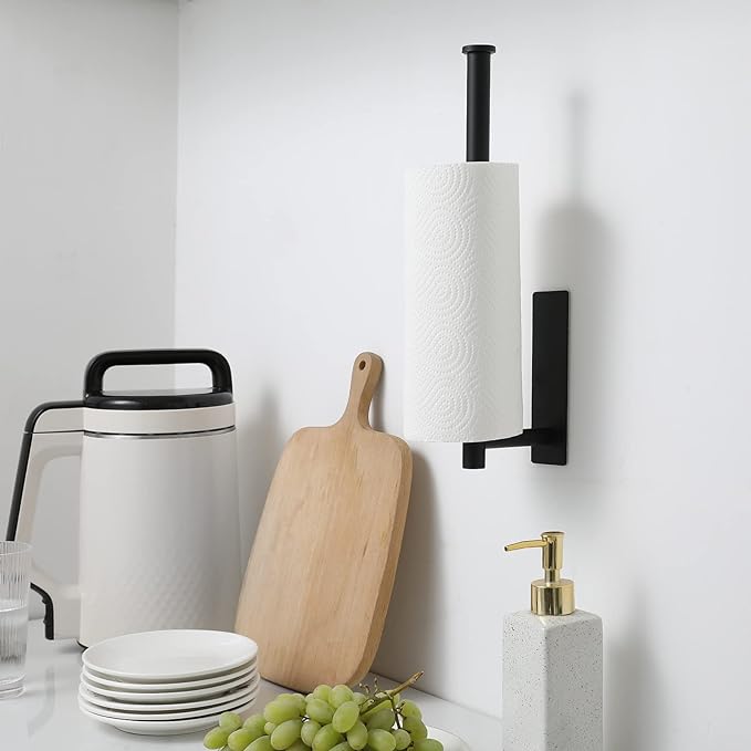 theaoo Under Cabinet Paper Towel Holder for Kitchen, Adhesive, Black | Wall Mounted Paper Towel Roll Rack for Bathroom or Kitchen, SUS304 Stainless Steel, Self-Adhesive or Screw Installation