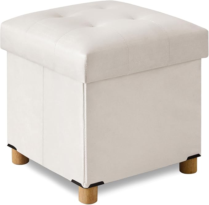 BRIAN & DANY 15" Small Ottoman with Storage Cube, Square Storage Ottoman Foot Stool with Wood Legs, Velvet Ottomans for Living Room, Bedroom, Dorm, White