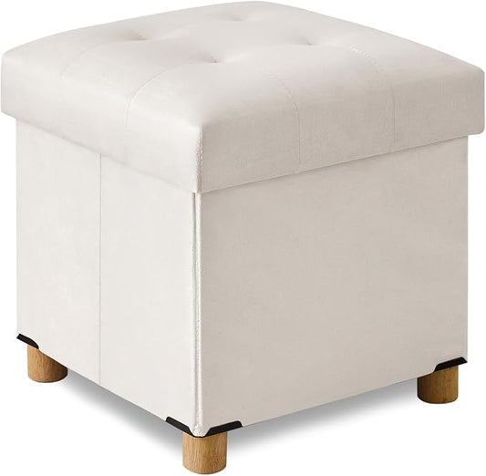 BRIAN & DANY 15" Small Ottoman with Storage Cube, Square Storage Ottoman Foot Stool with Wood Legs, Velvet Ottomans for Living Room, Bedroom, Dorm, White