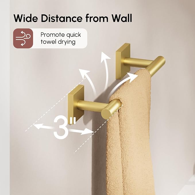 Brushed Gold Hand Towel Bar, 9 Inch Towel Racks for Bathroom | Thicken 304 Stainless Steel Towel Holder with Square Base, Towel Rod Wall Mounted, Modern Home Decor (Total Length 11 Inch)