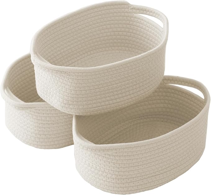 JMvicyroam Small Woven Basket, Empty Gift Basket, White/3 Pack | Small Gift Basket, Cotton Rope, 12 x 8 x 8 in, Handles, Includes Ribbon and Bag, Birthday Gift Basket