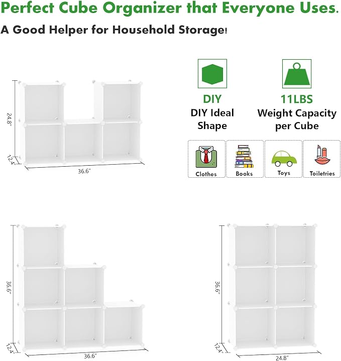 C&AHOME 6-Cube Storage Organizer, Stackable Storage Cubes Shelves, Portable Bookshelf, Plastic Clothing Storage Closet Organizer, DIY Modular Shelving Units for Wardrobe, Home, Milky