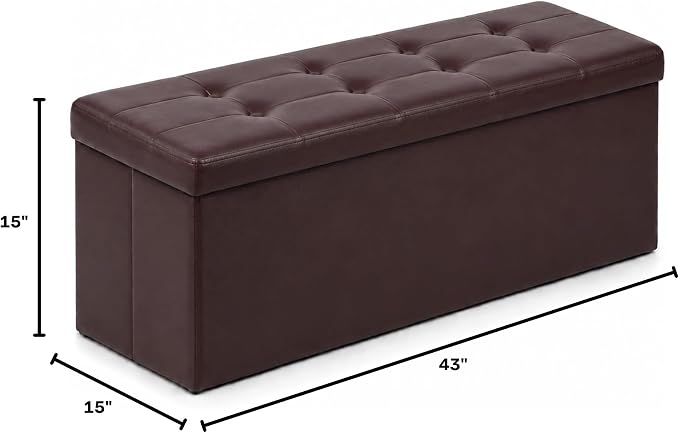 ALASDO 43 Inch Folding Storage Ottoman Bench with Hidden Storage, PU Leather Ottoman Foot Rest Stool, End of Bed Bench for Bedroom, Living Room, Entryway and Closet, Brown
