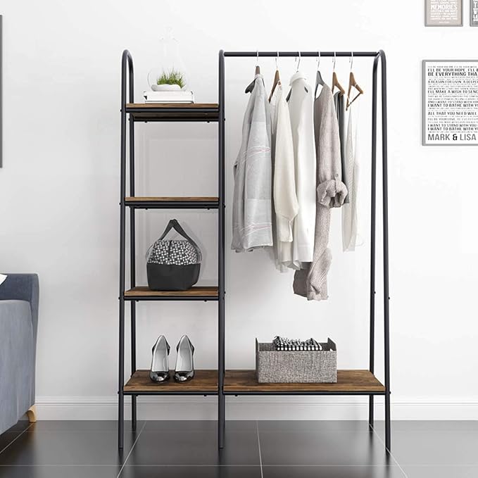soges Clothes Rack, Garment Rack with 5 Shelves Hanging Bar, Black | Open Wardrobe for Hanging Clothes and Storage, Free Standing Closet Organizer, Clothing Rack for Bedroom Entryway Small Space