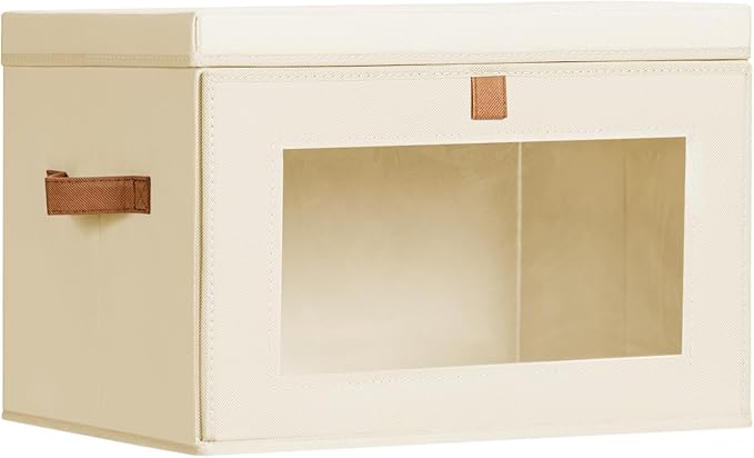 Homsorout Large Closet Storage Bins - Collapsible Storage Bins with Handles & Window, Decorative Boxes with Lids, Fabric Cubes for Living Room, Dorm, 1 Pack, Beige