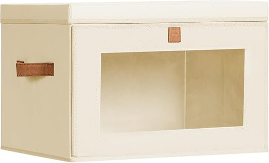Homsorout Large Closet Storage Bins - Collapsible Storage Bins with Handles & Window, Decorative Boxes with Lids, Fabric Cubes for Living Room, Dorm, 1 Pack, Beige
