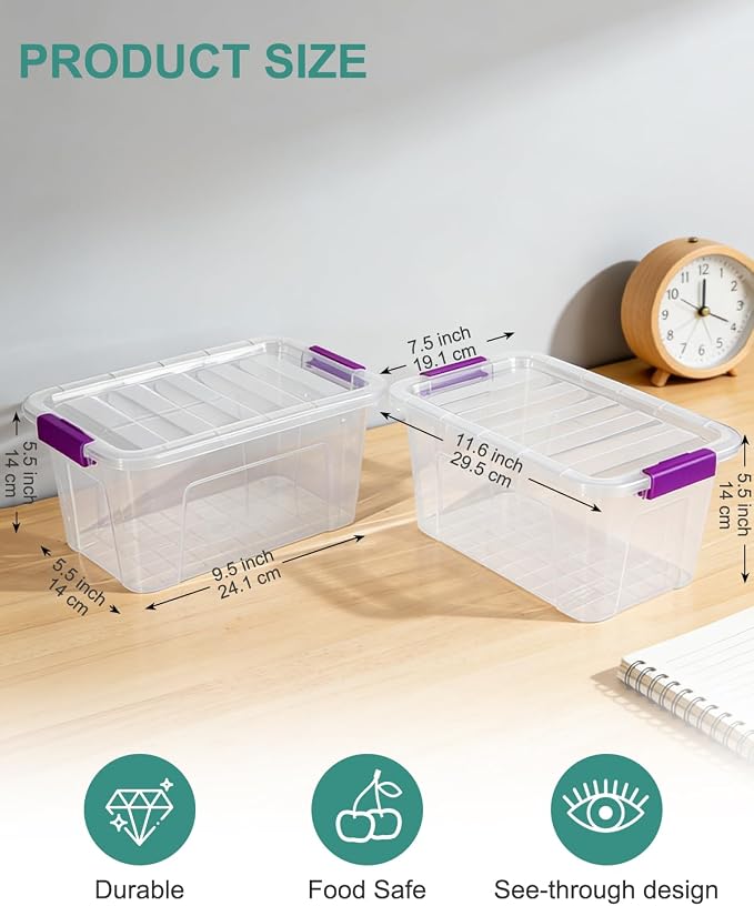 EOENVIVS Clear Storage Bins with Lids 6 Pack, 7 Qt Stackable Storage Containers with Buckle Lock, Durable Plastic Containers & Storage Box Organizer for Pantry, Bathroom, Closet & Office Use