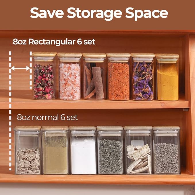 ComSaf Spice Jars 8oz Set of 6, Small Seasoning Containers with 9 Labels | Small Glass Jars With Labels, Empty Rectangle Canisters, Spice Rack Organization, Loose Tea, Herb, Powder, Dry Good, BPA Free