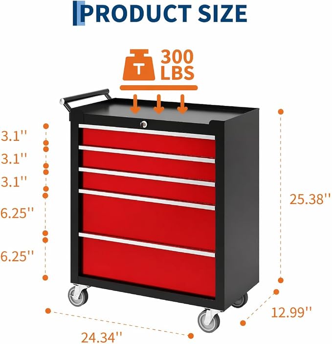Garvee Rolling Tool Chest, 5 Drawers Tool Storage Cabinet, Toolbox with Wheels, Portable Tool Cabinet Organizer with Locking System & Drawer Liners, Tool Storage Cart for Garage, Workshop, Black＆Red