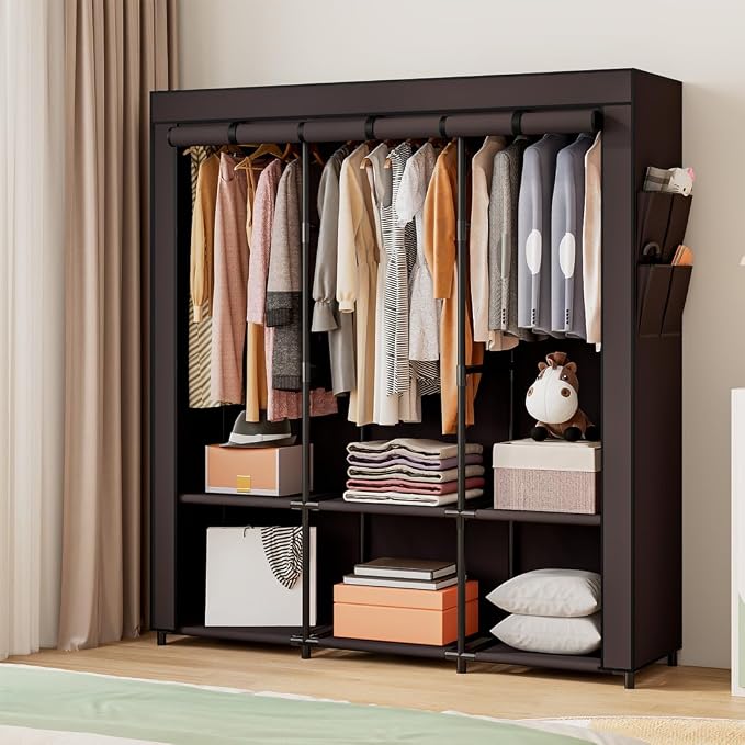 SORCEDAS Portable Closet Wardrobe with Hanging Rods Shelves Clothes Storage | 50 Inch Closet Organizers and Storage with Non-Fabric Cover,Freestanding Clothes Closet for Bedroom,dorm,Storage Rooms Coffee