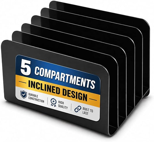 1InTheOffice Inclined Desktop File Organizer, Plastic Desk File Sorter for Documents, Space-Saving, Black, 5 Compartments