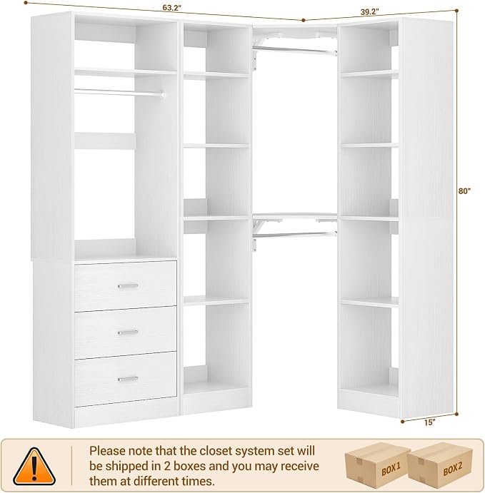 Besiost Corner Closet System with 3 Drawers, Corner Closet Organizer System with 13 Shelves & 3 Hanging Rods, 63.2"L * 39.2"W Reversible L Shaped Walk-in Closets, Load 2000+LBS, White