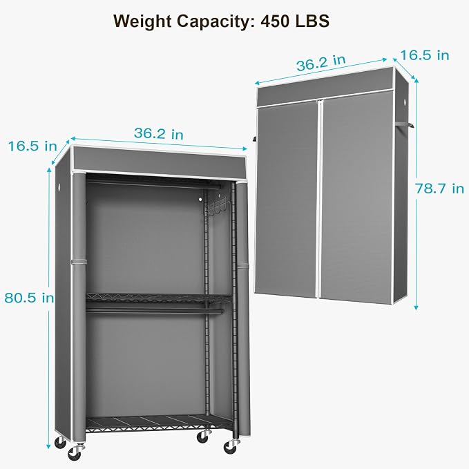 Black Clothing Rack with Dark Gray Cover, P1C Rolling Closets with Wheels, Metal Garment Rack for Hanging Clothes, Clothing Storage Wardrobe, 36.2" W x 16.5" D x 80.5" H, Load 450 Pounds