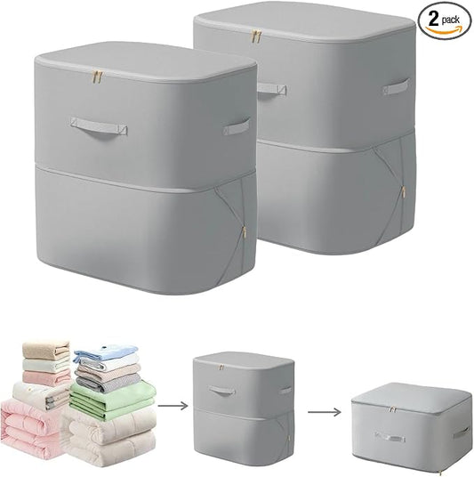 Comforter Storage Bag, Bedding & Blanket Self Compression Storage Organizer | Compression Storage Bag for Blanket Storage, 2-Layer Thick Satin Fabric Heavy Duty Bags for Pillow Duvet (Gray, XL, 2PCS)