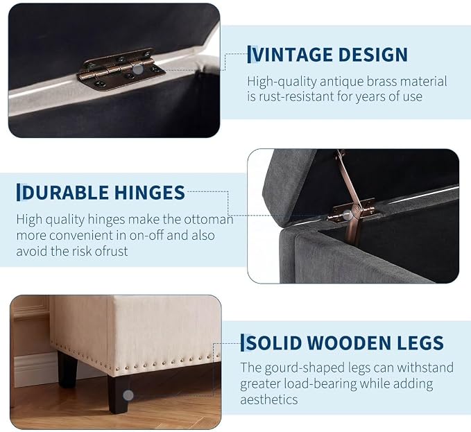 51" Extra Large Storage Ottoman Bench, Supports 660lbs End of Bed Storage Bench with Button-Tufted Upholstery and Safety Close Hinge, Upholstered Bench for Living Room, Bedroom, Entryway - Grey