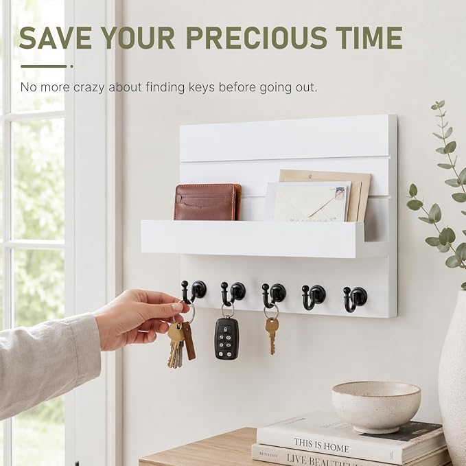 HONJIN Key Holder Wall Mount with Shelf and 5 Sturdy Key Hooks (White) | Key and Mail Holder Wall Mount, Wooden Entryway Organizer and Decorative, Easy Installation, 10*3.8*6.85 Inch