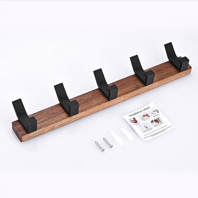 Coat Rack Wall Mount - 16.9 Inches Coat Rack Wall Mount with 5 Hooks Walnut Wood Coat Hooks Wall Mounted Rustproof Coat Hanger Black Aluminum Wall Hooks for Hanging Coat Hat Backpack Key