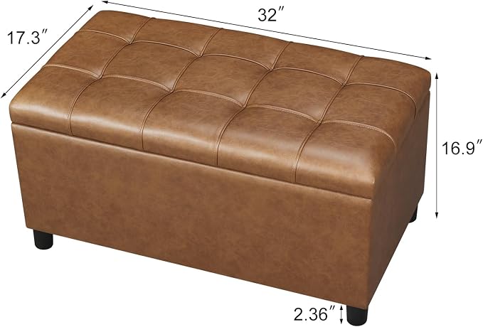Joveco Storage Ottoman Bench, 32 Inches Faux Leather Rectangle Tufted Foot Stool for End Foot of Bed, Bedroom, Living Room,Warm Golden Brown