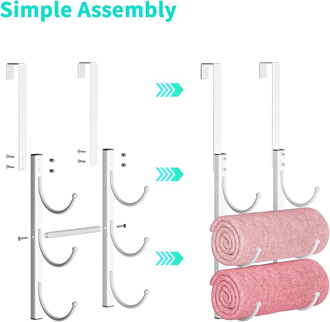 HapiRm Rolled Towel Racks for Bathroom - 3-Tier Over The Door & Wall Mounted Bathroom Towel Storage, Hanging Metal Organizer for Towels & Bath Sheets, Space Saving Rack for Bathroom, Camper, RV, White