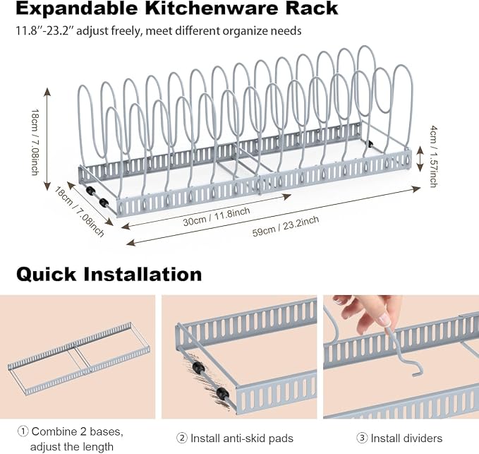 Housolution Pot and Pan Lid Organizer Holder Storage Rack, Grey | 12"-23" Expandable, 14 Adjustable Dividers, Sturdy Metal Construction, Easy Assembly