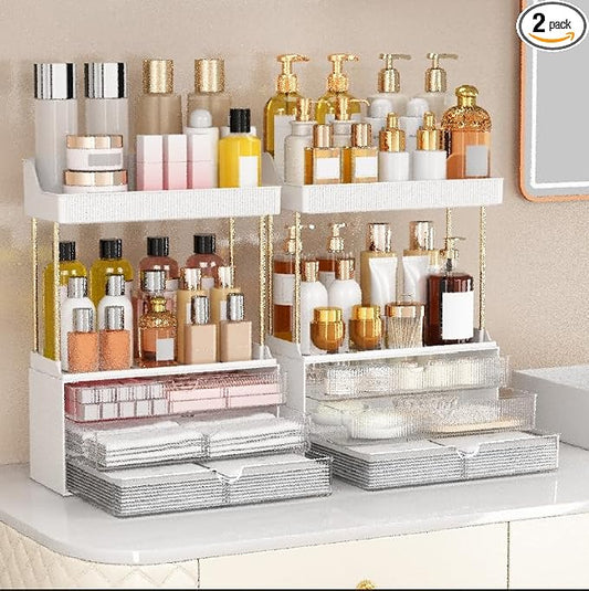 caktraie 2 Sets 5 Tier Acrylic Makeup & Bathroom Vanity Organizer | 2 Set Clear, 3 drawers 2 open shelves, dustproof, wipe clean, for large skincare, perfumes, lipsticks, dresser, counter
