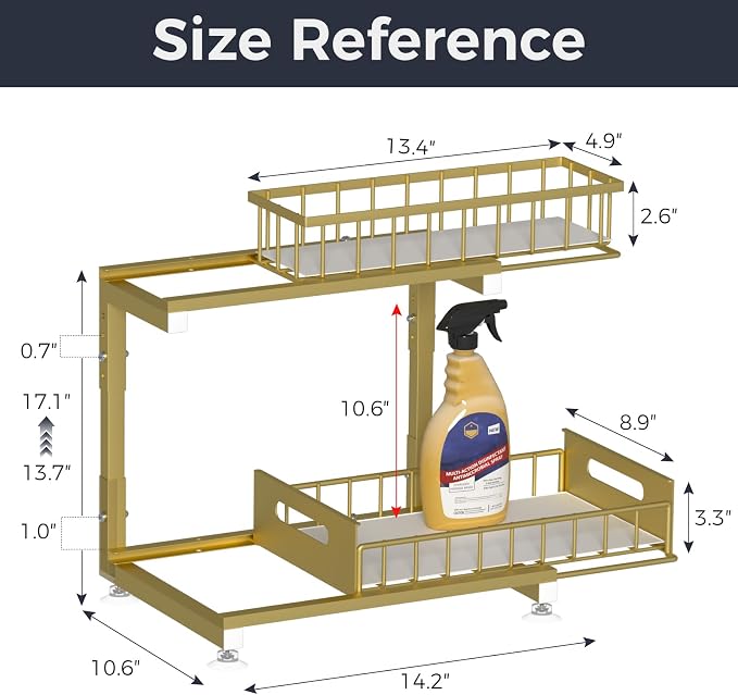 L-Shaped Under Sink Organizer, 2-Tier Pull-out Cabinet Rack 1-Pack | Gold Height-Adjustable Metal Rack, Sliding Grid Drawers with Safety Stopper, Holds 100 Lbs, Ideal Kitchen Cabinet Storage