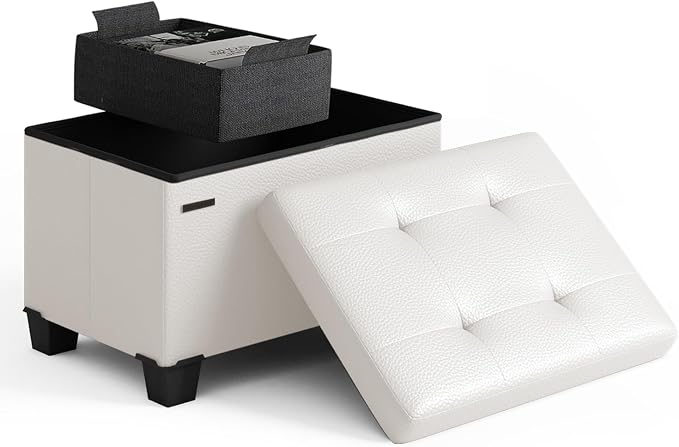 Storage Ottoman Cube with Small Bin, 16-in Square Ottoman with Storage for Living Room and Bedroom, Small Ottomans Foot Rest, Leather Foot Stools Ottomans Max 330lbs, Cream