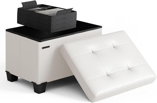 Storage Ottoman Cube with Small Bin, 16-in Square Ottoman with Storage for Living Room and Bedroom, Small Ottomans Foot Rest, Leather Foot Stools Ottomans Max 330lbs, Cream