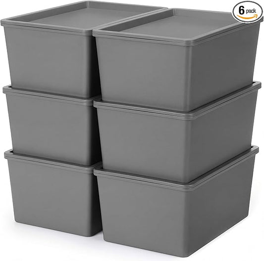 6 Pcs Storage Bins with Lids Small Plastic Storage Containers Stackable Storing Baskets Box Cute Organizer Bins for Organizing Shelves (Gray)