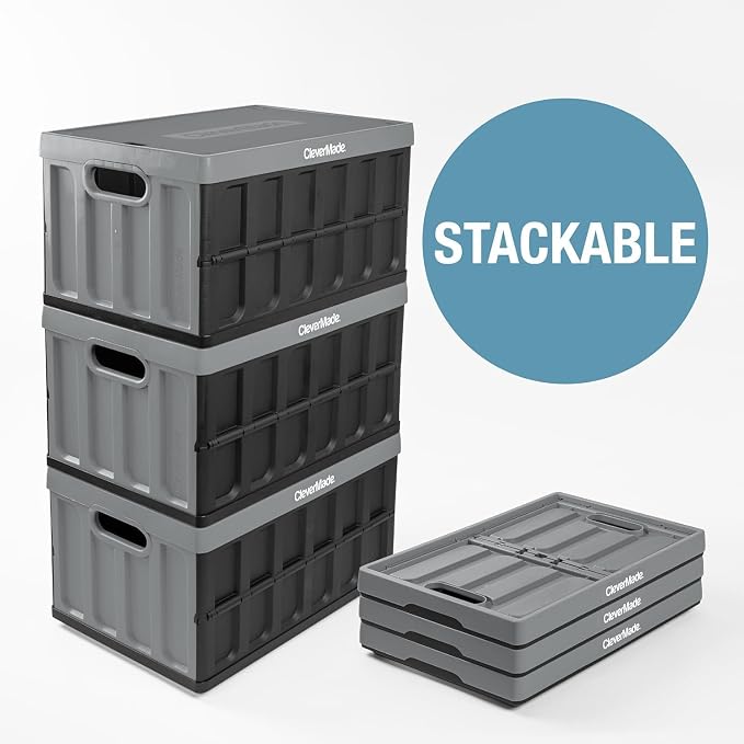 CleverMade Collapsible Storage Bins with Lids, 62L, 3 Pack, Ocean | Large-capacity bins support 100 lb and stack securely. The lid stores underneath, and each crate folds to 2.5 inches.
