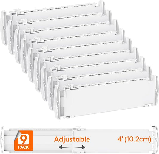 Lifewit 9 Pack Drawer Dividers for Clothes, 4" High 13.8"-22.2" Expandable Dresser Drawer Organizers, Adjustable White Plastic Separators for Kitchen, Cabinet, Nursery, Socks & Underwear Storage