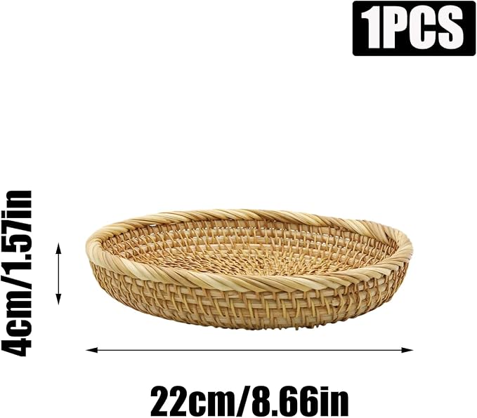 8.7" Round Rattan Basket Small Handwoven Wicker Tray | Small Decorative Bowl for Entryway Table, Natural Wicker Tray for Keys Snacks, Rustic Home Decor for Kitchen Counter Vanity