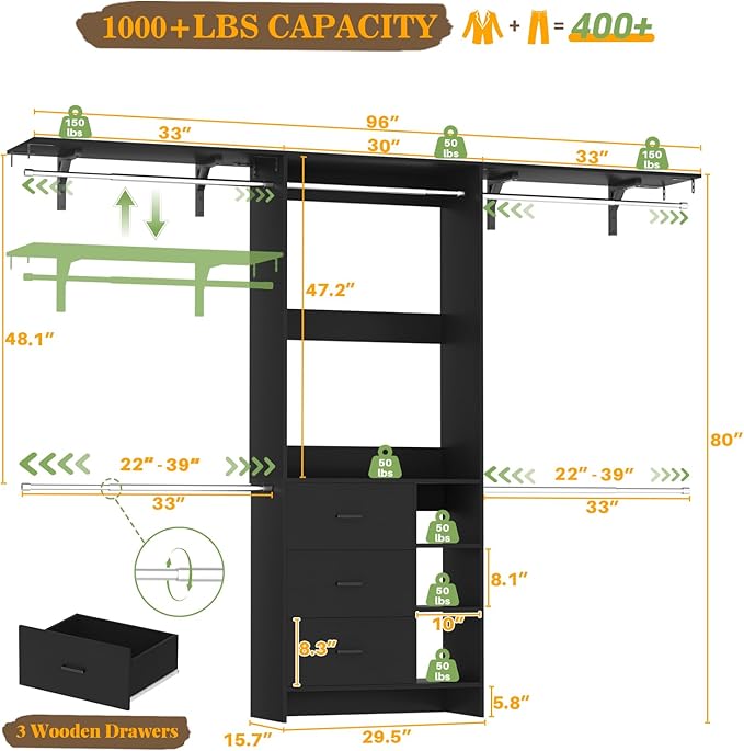 Aheaplus Closet System, Closet Organizer with 3 Wooden Drawers, 8FT Closet Organizer System, 96’’ Walk-in Closet Wardrobe Clothes Rack with Hanging Rods, Adjustable Garment Rack, Fits 5.3-9 ft, Black