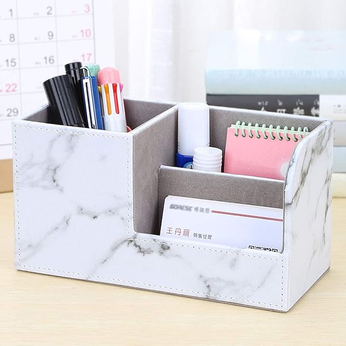 Desk Organizer Office Supplies Caddy Pu Leather Multi-function Storage Box Pen/Pencil,Cell phone, Business Name Cards Remote Control Holder Gray Marble