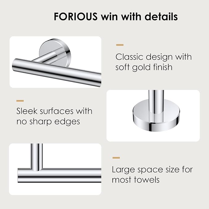 FORIOUS Towel Bar 24" Towel Racks for Bathroom Wall Mounted Chrome | Total Length 26 Inch, Rustproof, Stainless Steel Towel Holder, Wall Mounted for Bathroom Bedroom, Heavy Duty, Space Saving