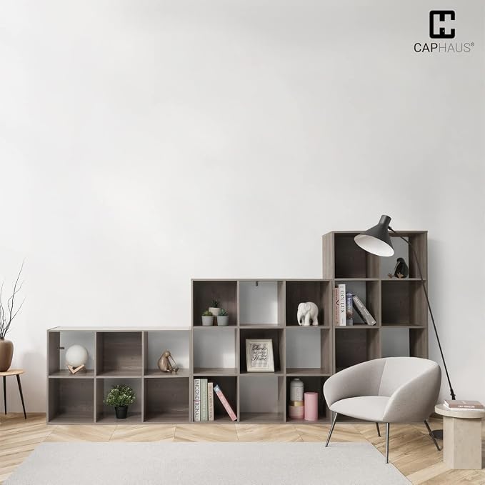 CAPHAUS Sturdy Room 11-Inch Cube Storage Organizer Shelf, with Thick Exterior Edge, Storage Shelf Divider w/Back, Bookcase, 8-Cube, Rustic Grey Oak