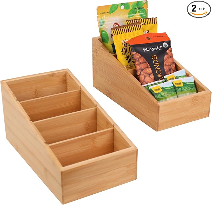 HTB 4-Section Snack Organizer with Removable Dividers for Kitchen 2 Pack | Bamboo Pantry Storage Organization for Spice Packets, Seasoning Pouches, Coffee Pods,Food,Drawer Countertop,Easy Access