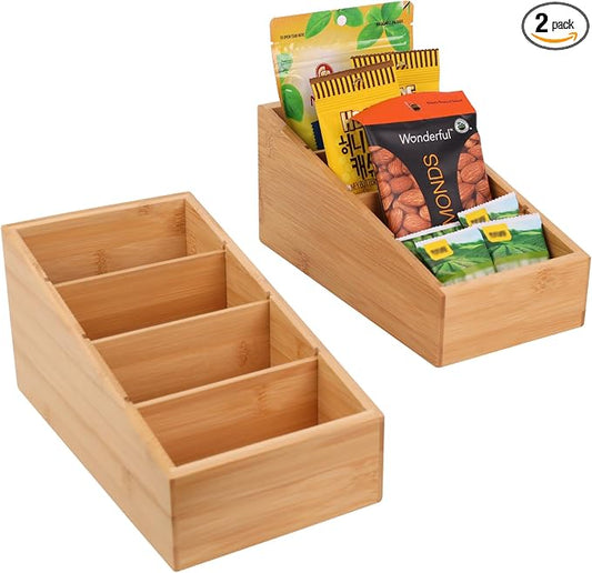 HTB 4-Section Snack Organizer with Removable Dividers for Kitchen 2 Pack | Bamboo Pantry Storage Organization for Spice Packets, Seasoning Pouches, Coffee Pods,Food,Drawer Countertop,Easy Access